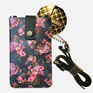 Steve Madden Floral Print Card & Phone Crossbody Black Pink NWT Bag Logo Flowers